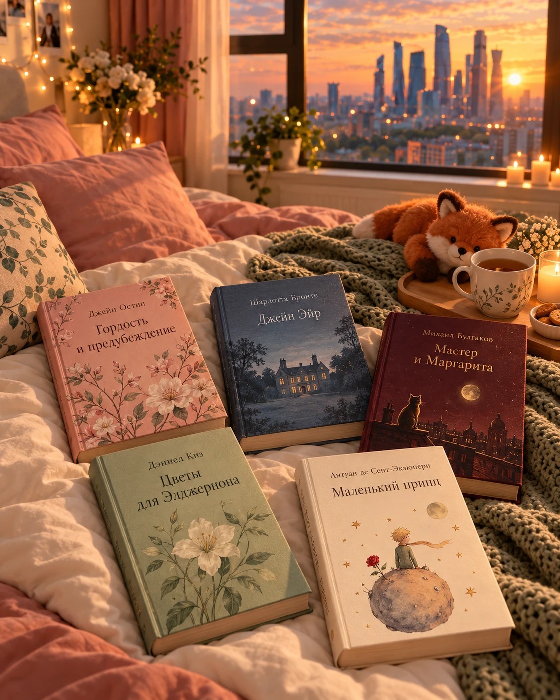 Пять любимых книг Лизы на кровати у окна с видом на Москва-Сити